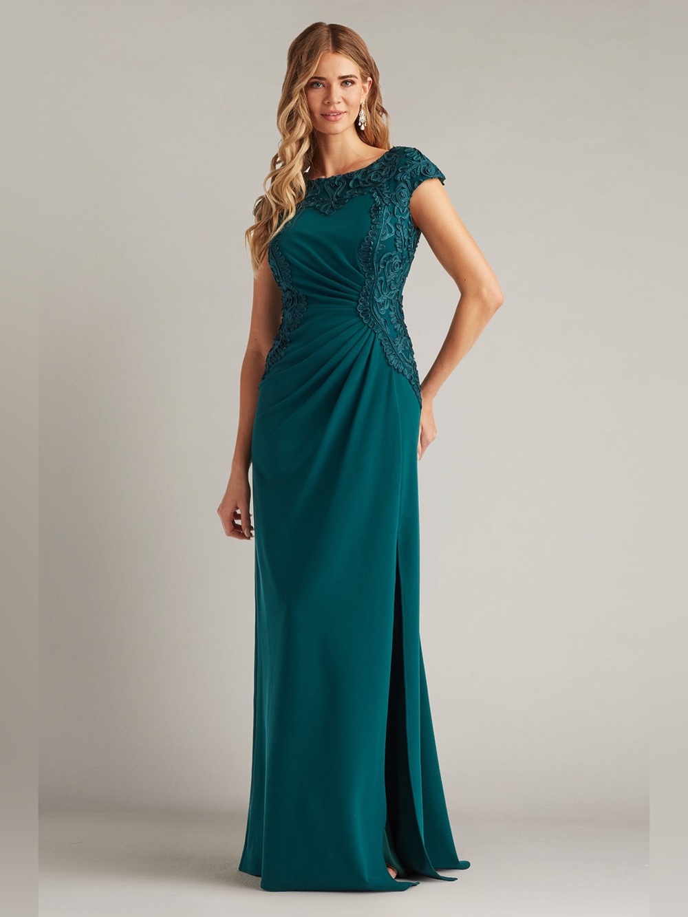 Tadashi Shoji Johari embroidered illusion gown in tea leaf teal blue green